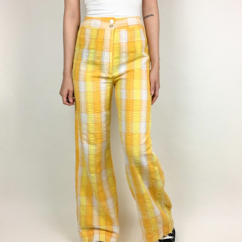 Vintage 60s 70s Plaid High Waisted Flare Pants - Picture 4 of 9